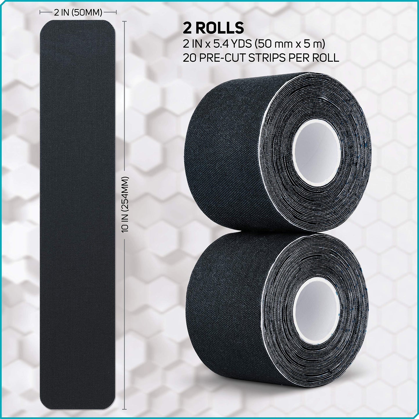 Care Science Waterproof Kinesiology Tape, 40 ct Precut Strips (2 Rolls), Black | Elastic Sports & Weightlifting Tape Supports Muscles & Joints. Water Resistant