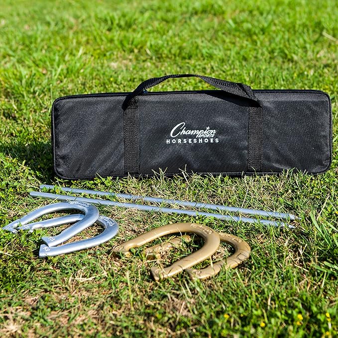 Champion Sports Horseshoe Set: Traditional Outdoor Lawn Game includes Four Professional Solid Steel Horseshoes with Solid Steel Stakes & Carrying Storage Case