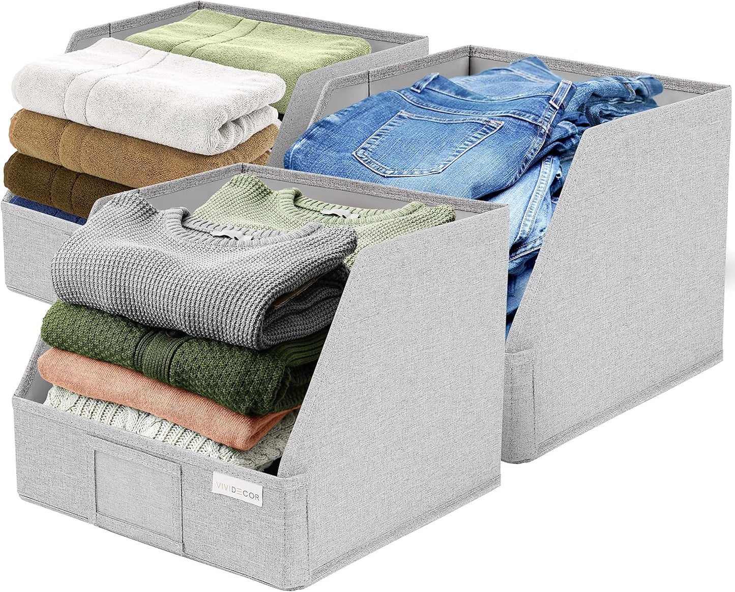 VIVIDECOR Trapezoid Closet Bins - Light Gray Fabric Storage Baskets, 12x12x10, 3 Pack | Collapsible Organizers