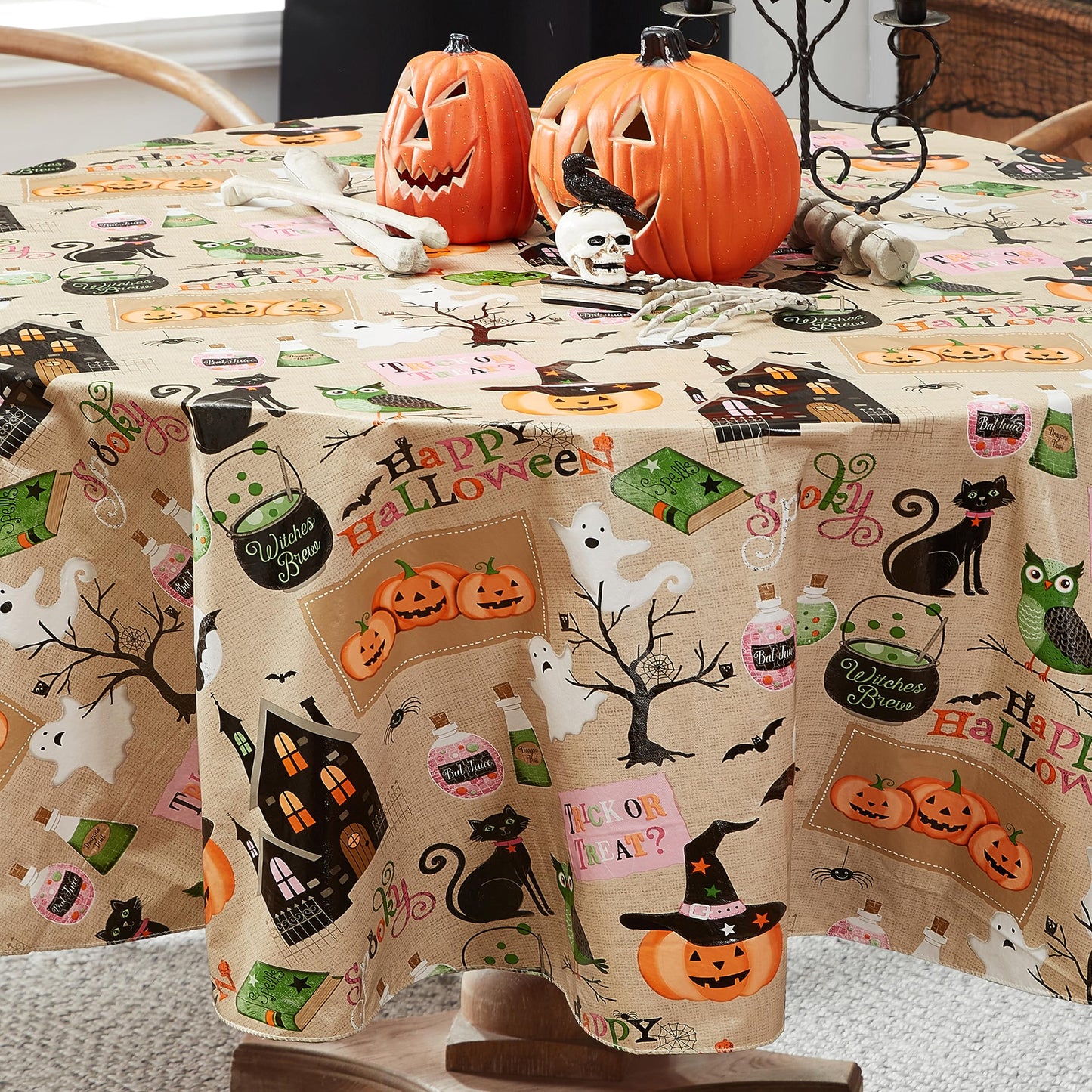 Newbridge Happy Halloween Witches Brew 60 x 84 Inch Oval Vinyl Tablecloth with Flannel Backing, Cute Ghost, Cat and Pumpkin Design, Easy Care Wipe Clean Halloween Table Cover
