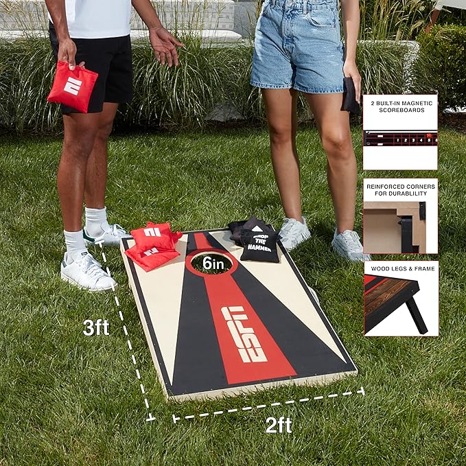 ESPN Solid Wood Cornhole Board Set, Includes Bean Bags and Travel Case, Ideal for Outdoor Games