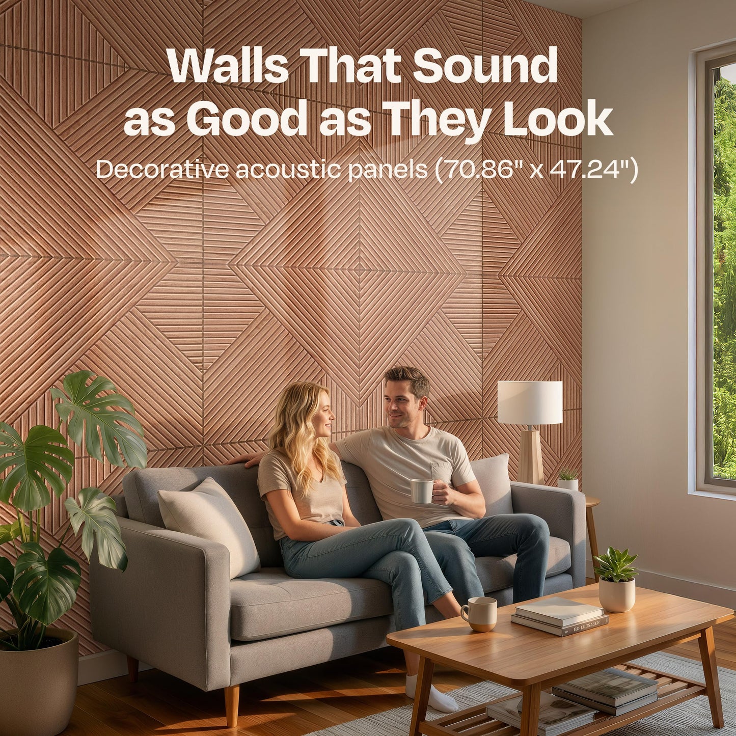 Ekkogo XL Acoustic Wall Panels 6-Pack Decorative Acoustic Panels High Density Sound Absorbing Wall Art 70.86X47.24 Inches with Self-adhesive for Studio Home and Office - Teak Wood Finish