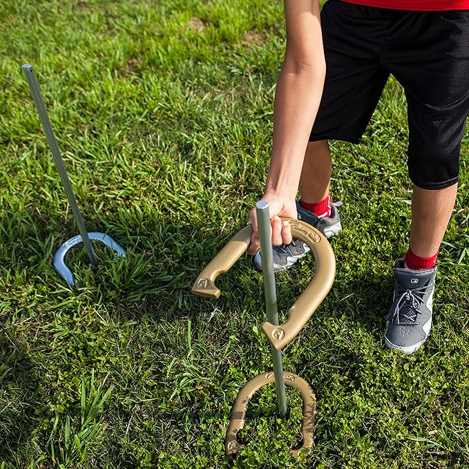 Champion Sports Horseshoe Set: Traditional Outdoor Lawn Game includes Four Professional Solid Steel Horseshoes with Solid Steel Stakes & Carrying Storage Case