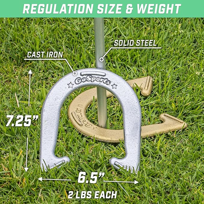 GoSports Steel Horseshoes Outdoor Game Set - Gold & Silver or Red & Blue - Official Size and Weight