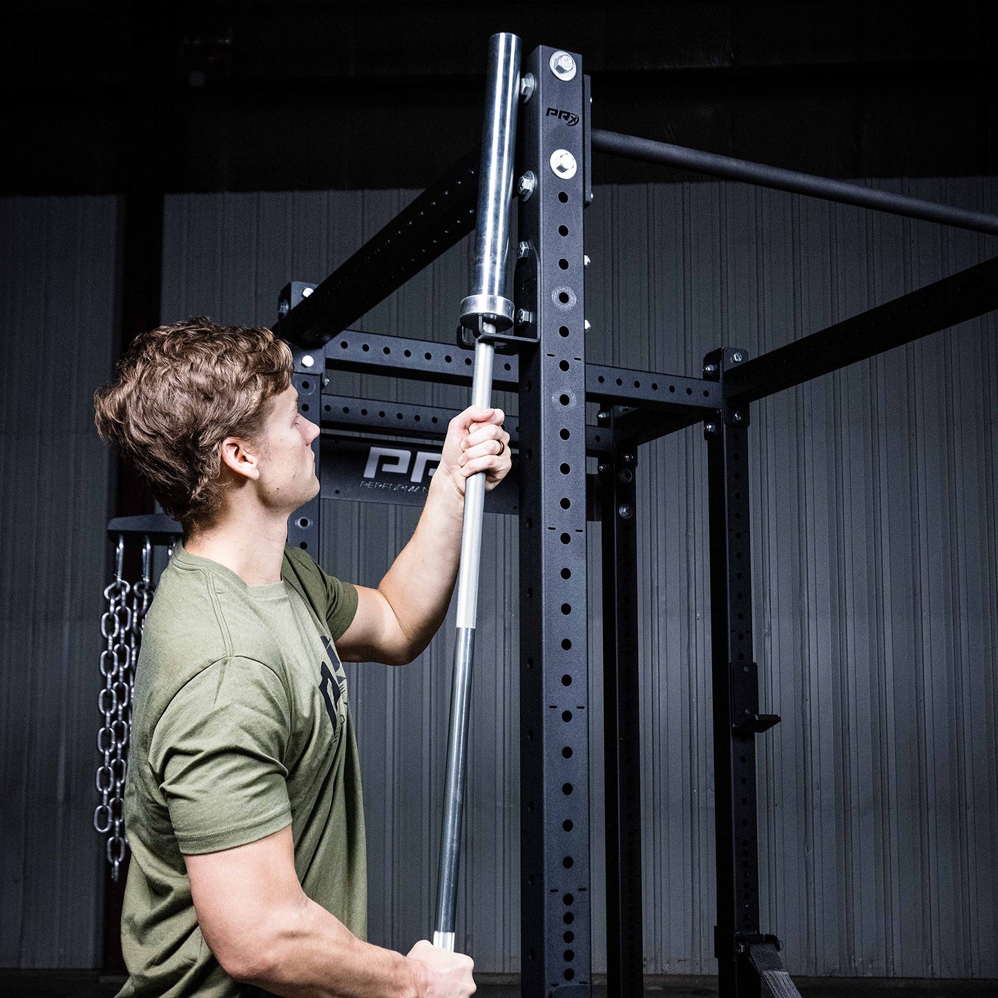 PRx Performance Squat Rack Mounted Olympic Barbell Storage Hanging USA Made Steel Single Bar Holder for 3x3 Uprights with 5/8" Holes, Vertical Squat Rack Attachment