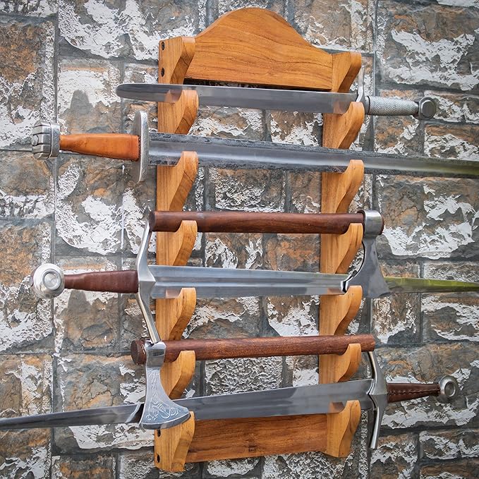 Mythrojan Medieval Sword Wall Mount Samurai Sword Display Stand Katana Sword Holder Gladiator Sword Wall Display Crusader Sword Stand Knife Stand for Display - 6 Tier Sword Stand, Natural