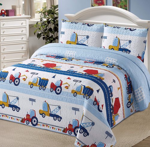 Kids Zone Home Linen Bedspread Coverlet Quilt Set for Boys Construction Work Road Trucks Blue Red Yellow Cranes Dump Truck New (Full/Queen)