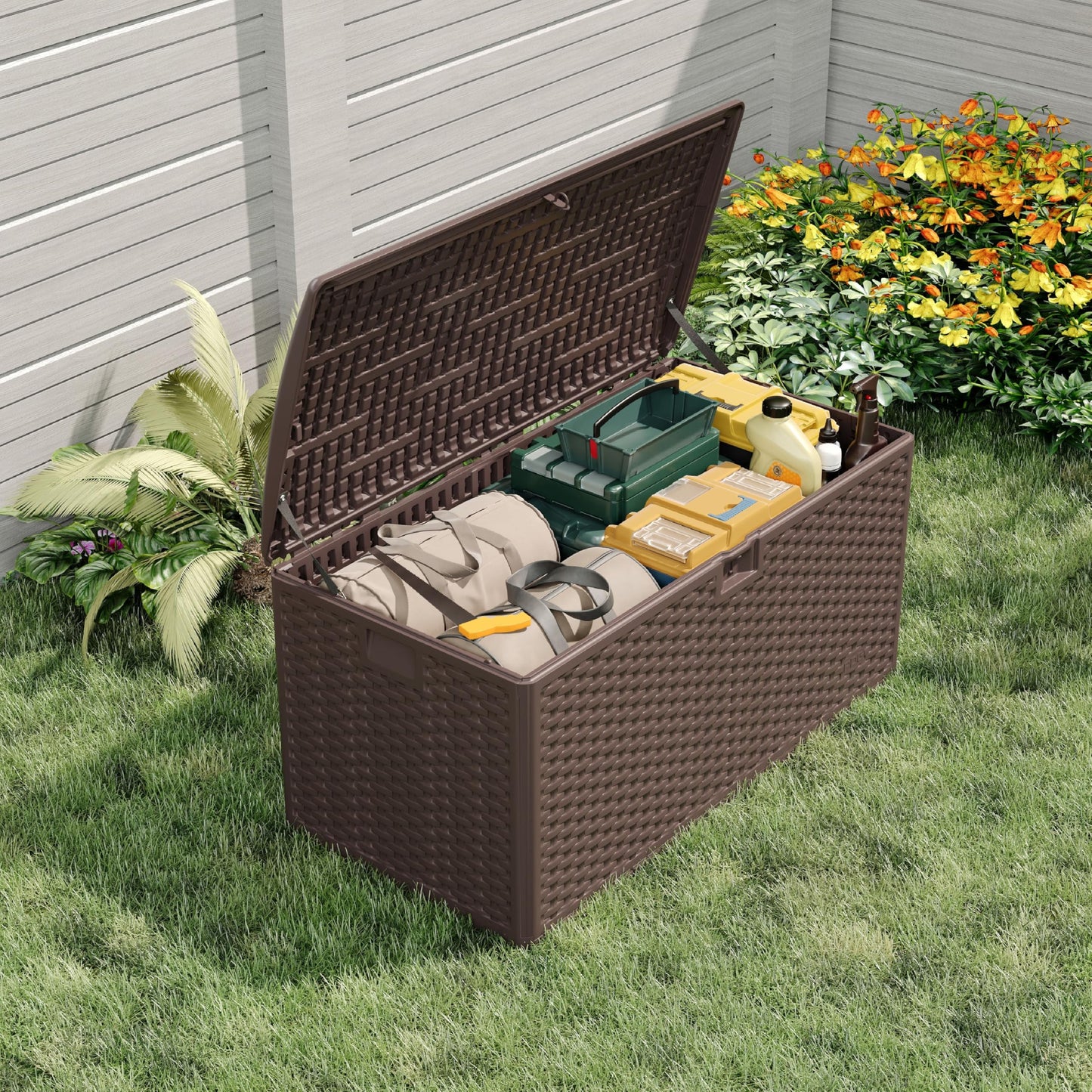 99 Gallon Outdoor Deck Box, HDPE Resin Patio Storage Bench with Lockable Hydraulic Lid, Weatherproof UV-Resistant Storage Chest for Tools, Pool Toys, Cushions,Large Capacity, Brown Wicker Style