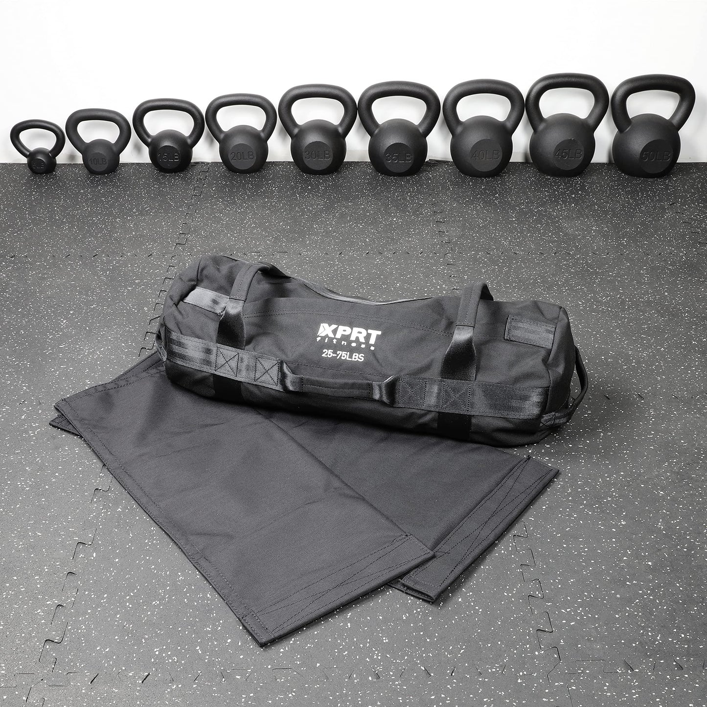 XPRT Fitness Workout Sandbag for Heavy Duty Workout Cross Training 7 Multi-positional Handles - Color Army Green/Black/Camo (Black Set of 3, Small+Medium+Large)