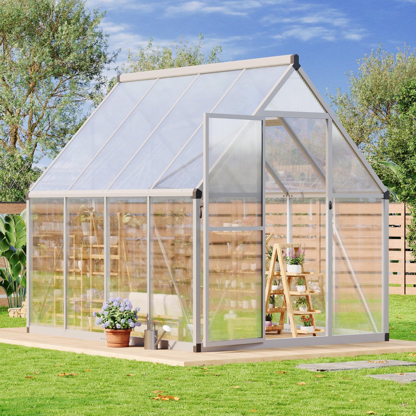 6x7FT Polycarbonate Greenhouse Kit for Outdoors – Sturdy Aluminum Frame, UV Protection, Lockable Door, Walk-in Design, Roof Vent, Easy Assembly for Garden, Patio, or Backyard