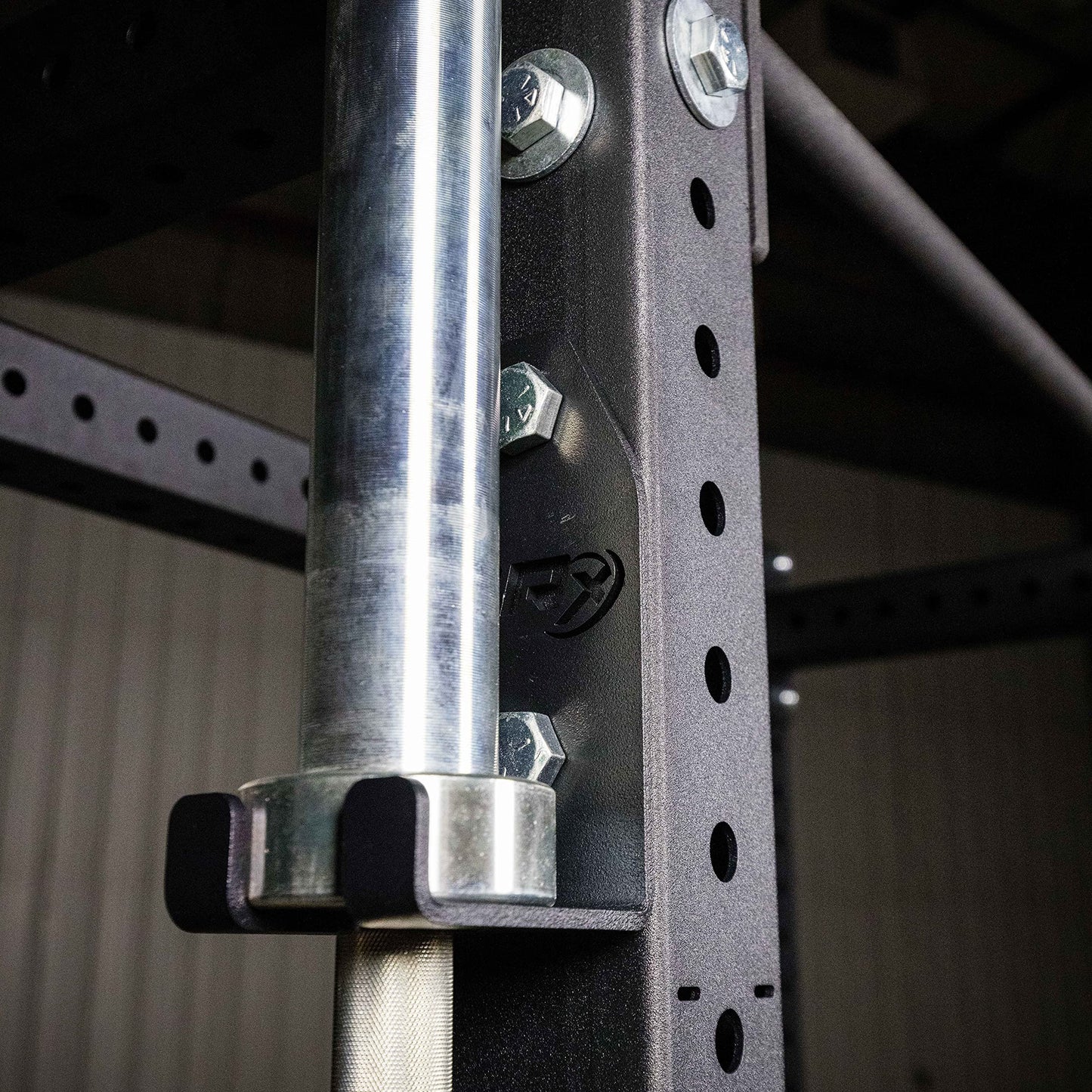 PRx Performance Squat Rack Mounted Olympic Barbell Storage Hanging USA Made Steel Single Bar Holder for 3x3 Uprights with 5/8" Holes, Vertical Squat Rack Attachment