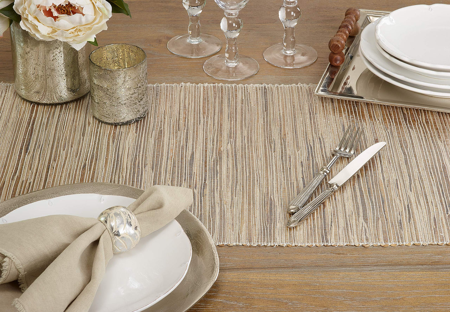 Saro Lifestyle Melaya Collection Shimmering Woven Nubby Table Runner, 14"x54", Natural