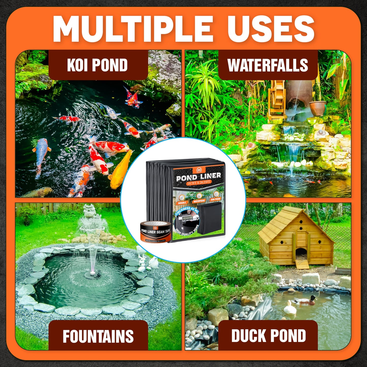 PAMAZY [Premium] 45 Mil LDPE Pond Liner with Seam Tape, Pond Lining for Fish Pond, Performed Garden Ponds, Large Pond Liner for Fishpond, Koi Pond, Waterfall, Streams (19.7 x 26.2FT)
