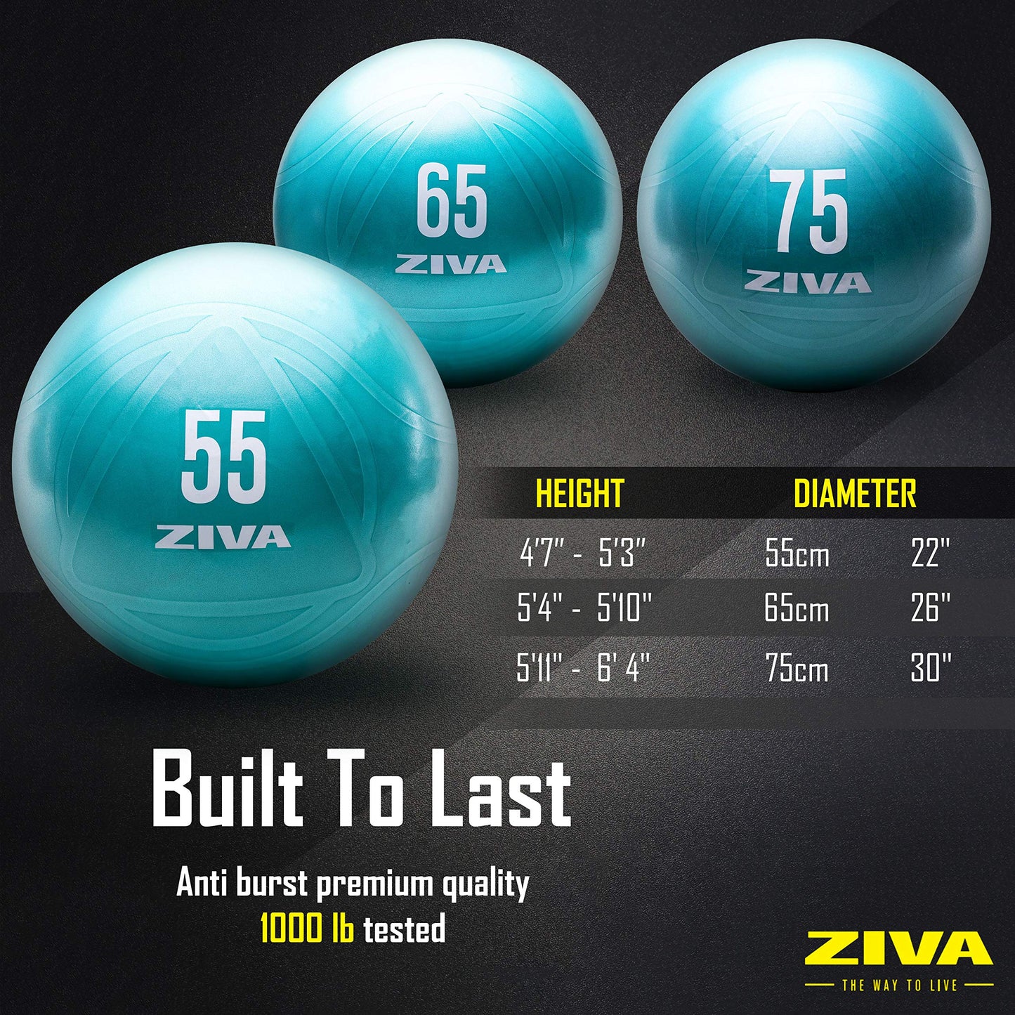 ZIVA Anti Burst Core Fitness Exercise Ball - Professional Grade Slip Resistant Yoga Ball for Stability Balance - Multiple Sizes, 55-75cm, 55 cm - Turquoise