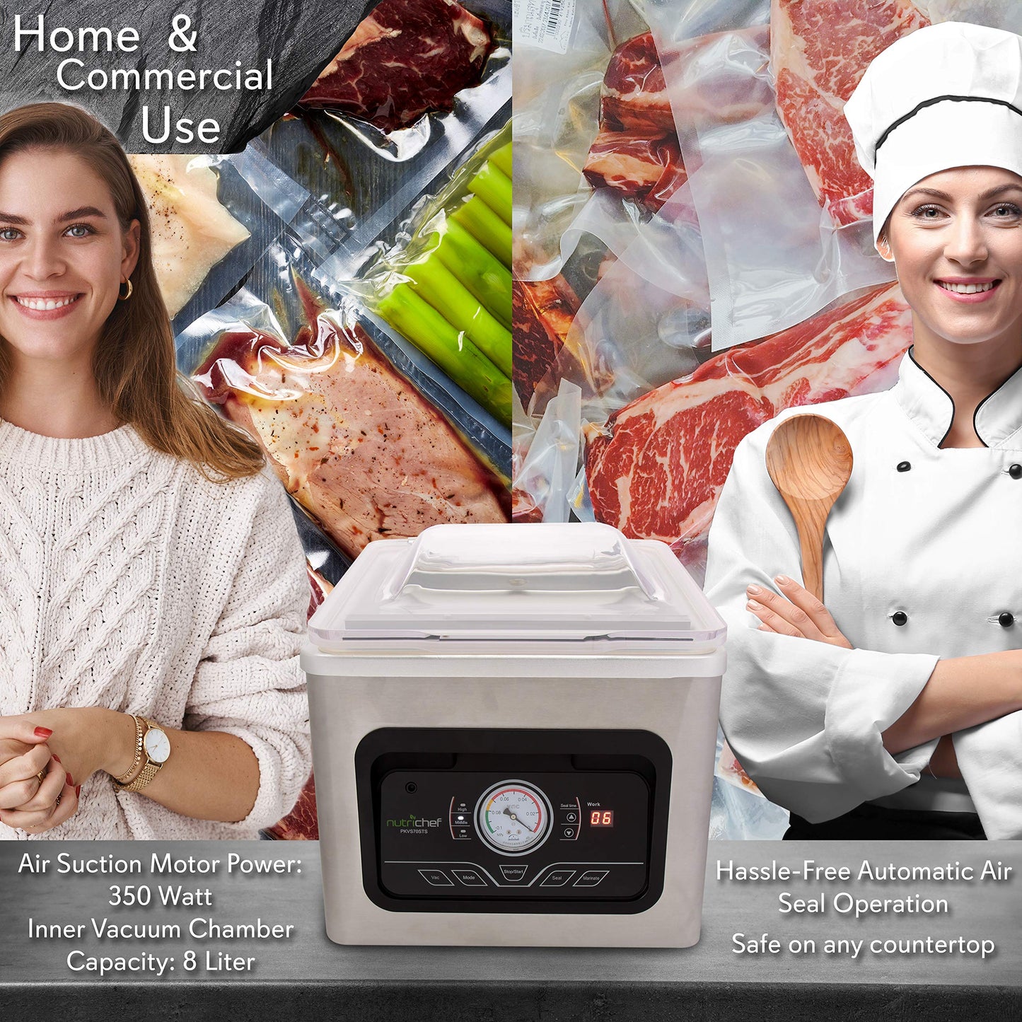 NutriChef Vacuum Sealer Machine - 350W Commercial 8L Chamber Type Automatic System Air Seal Machine Meat Packing Sealing Storage Preservation Sous Vide, Vac Roll Bags -NutriChef PKVS70STS
