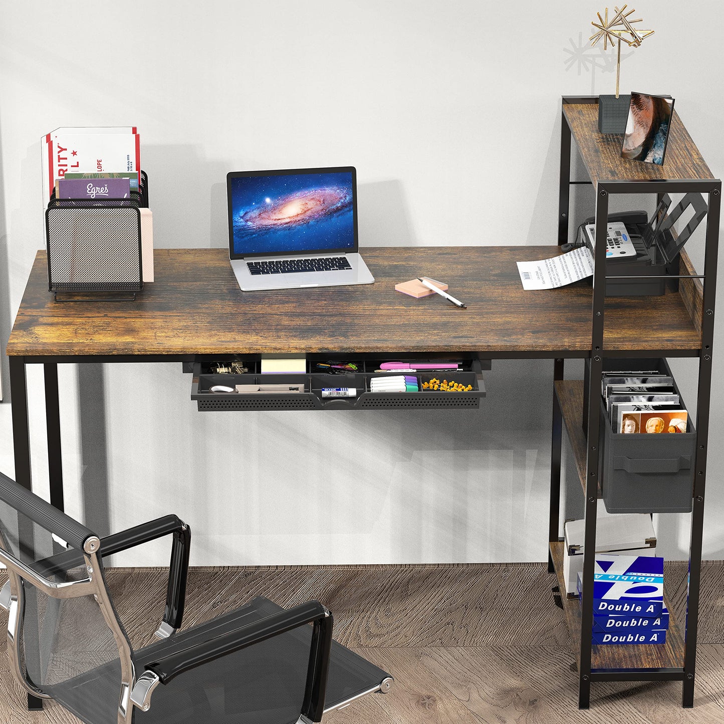 SHW 46-Inch Home Office Mission Computer Desk with Side Shelf and Drawer, Rustic Brown