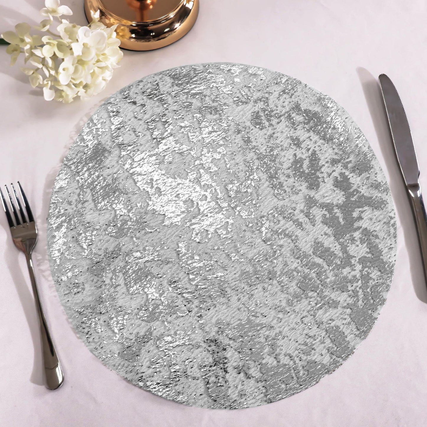 Snowkingdom Silver Disposable Placemats Set of 24 Foil Mesh 13 Inch Round Pressed Table Mates 24 Pack Silver Doilies for Dining Table Wedding Birthday Party Holiday Home Decoration