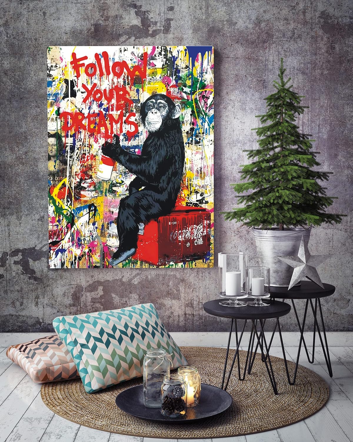 AKOTAC Monkey Street Graffiti Canvas Print - Follow Your Dreams Animal Wall Art | Framed Home Decor for Living Room & Office