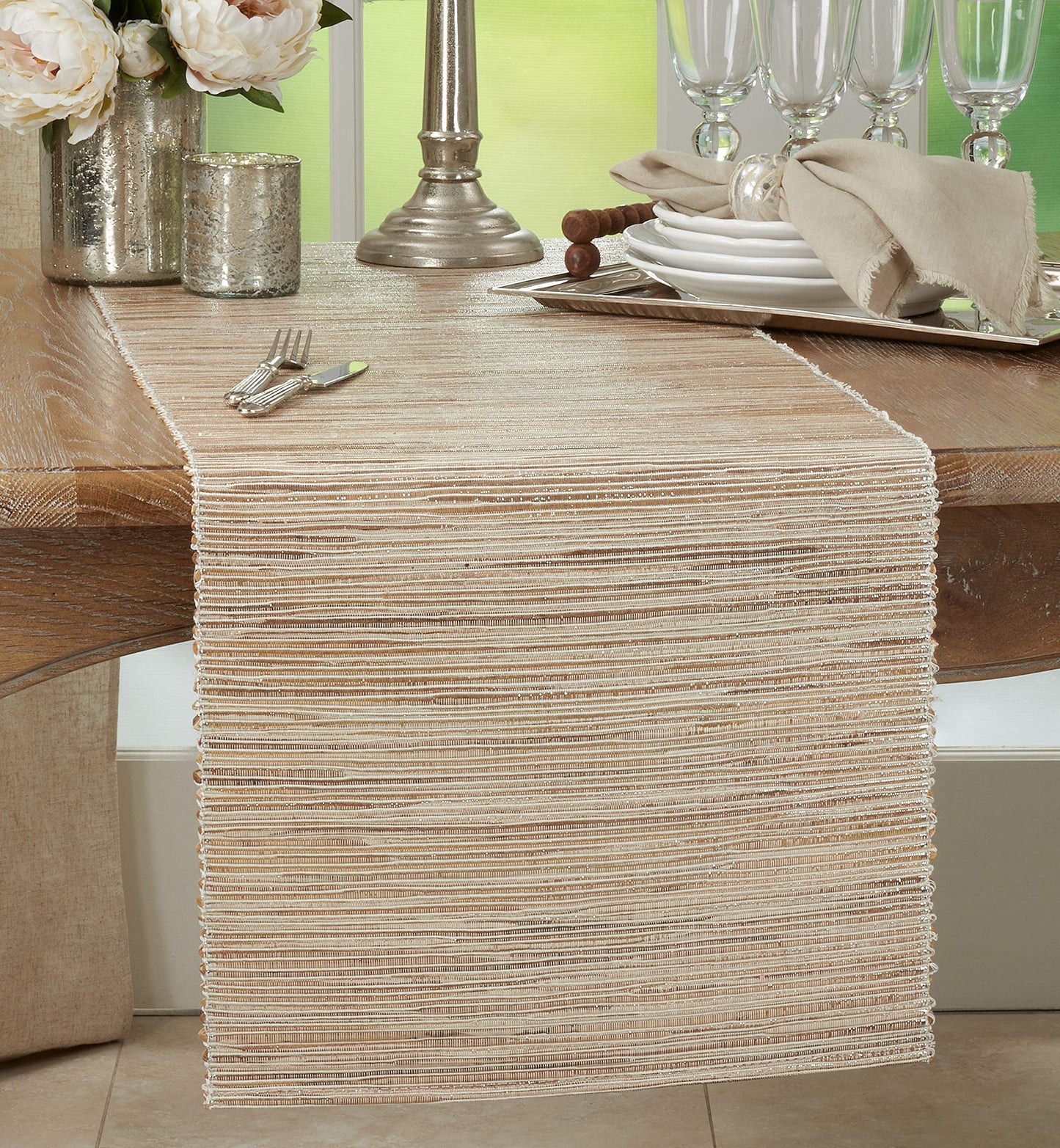 Saro Lifestyle Melaya Collection Shimmering Woven Nubby Table Runner, 14"x54", Natural