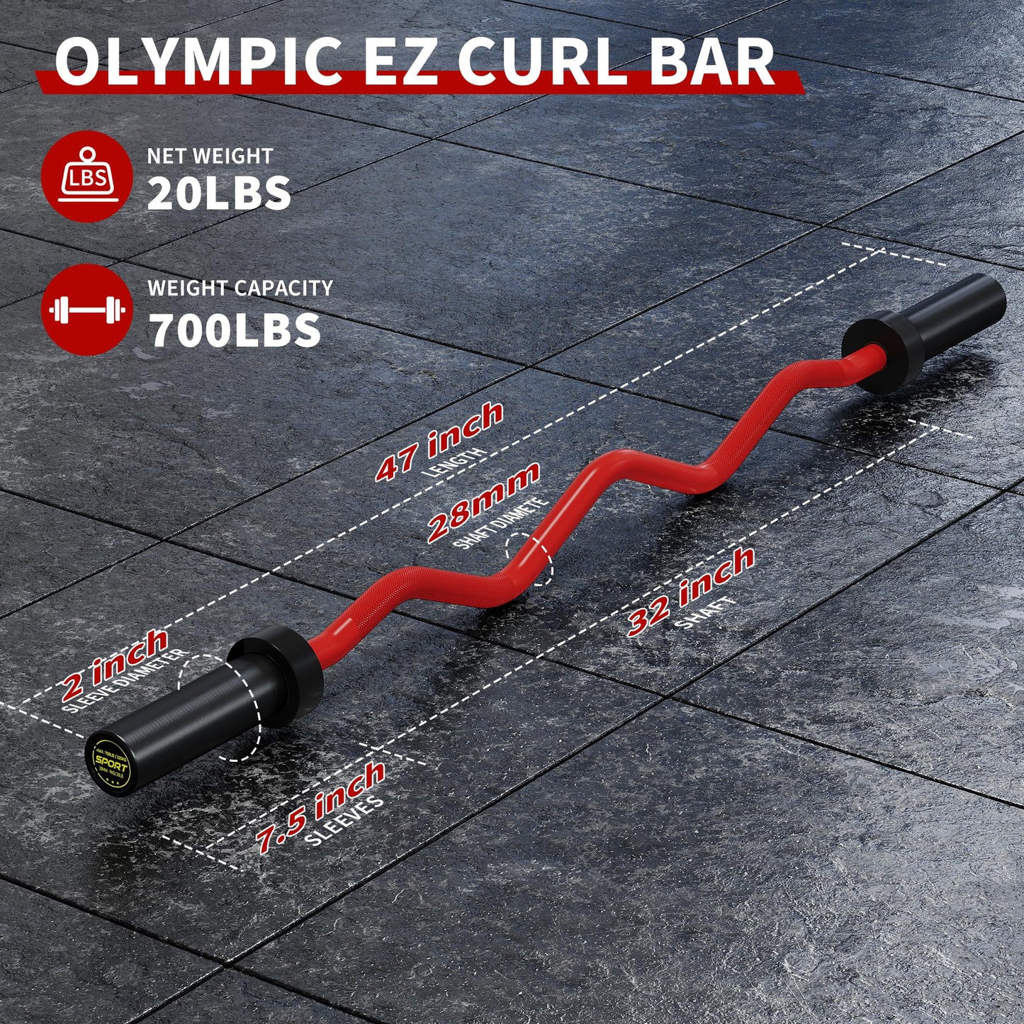 47" EZ Curl Barbell Bar, 2-Inch ! Curl Bar for Weight Lifting, Hip Thrusts, Squat, Biceps & Triceps – Anti-Slip Diamond Knurling, 700lb Weight Capacity, Home Gym Curling Bar for 2" Plates