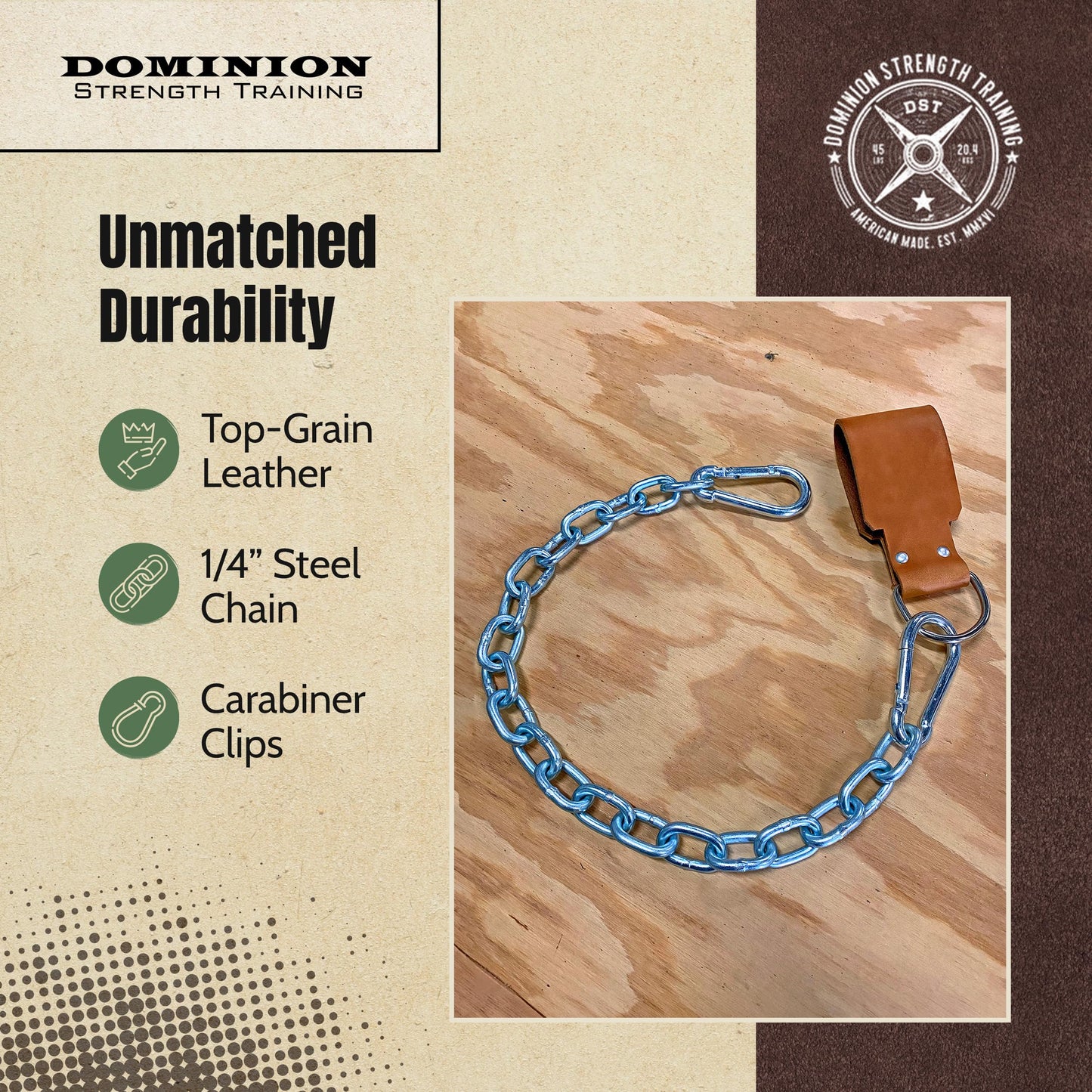 Leather Dip Belt Strap with Chain for Weight Lifting - For Weighted Dips and Pullups - Made in the USA