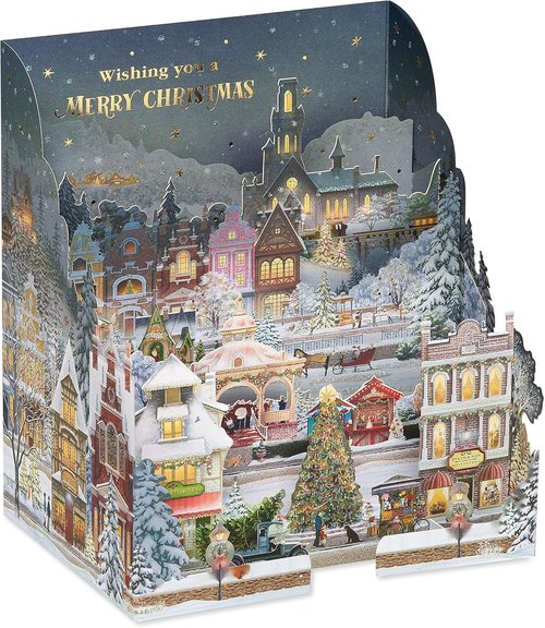 American Greetings 3D Pop-Up Christmas Card - Magic Moments Winter Village Scene by Jacquie Lawson