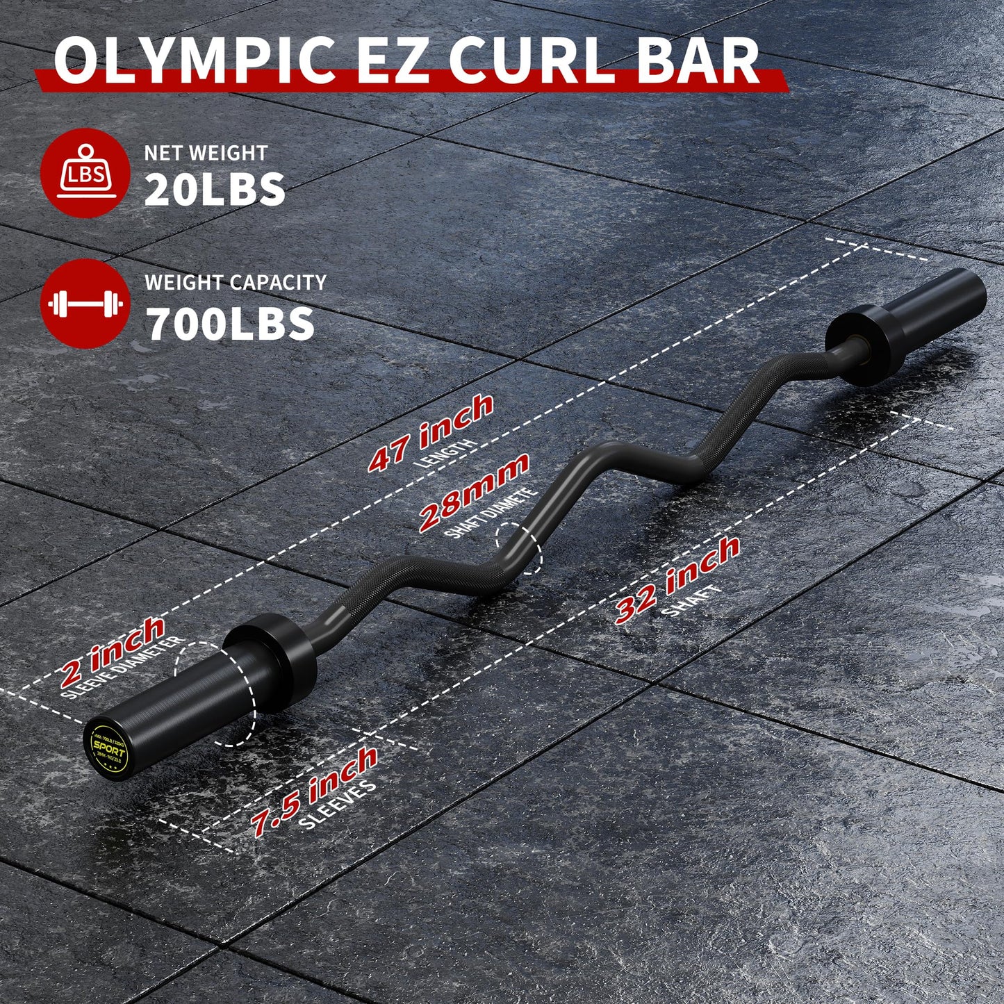 47 Inch Olympic EZ Curl Bar, 20 LB Solid Steel Curved Barbell with 2-Inch Sleeves, 700 LBS Weight Capacity, Diamond Knurling Grip for Bicep & Tricep Strength Training - Home Gym Equipment