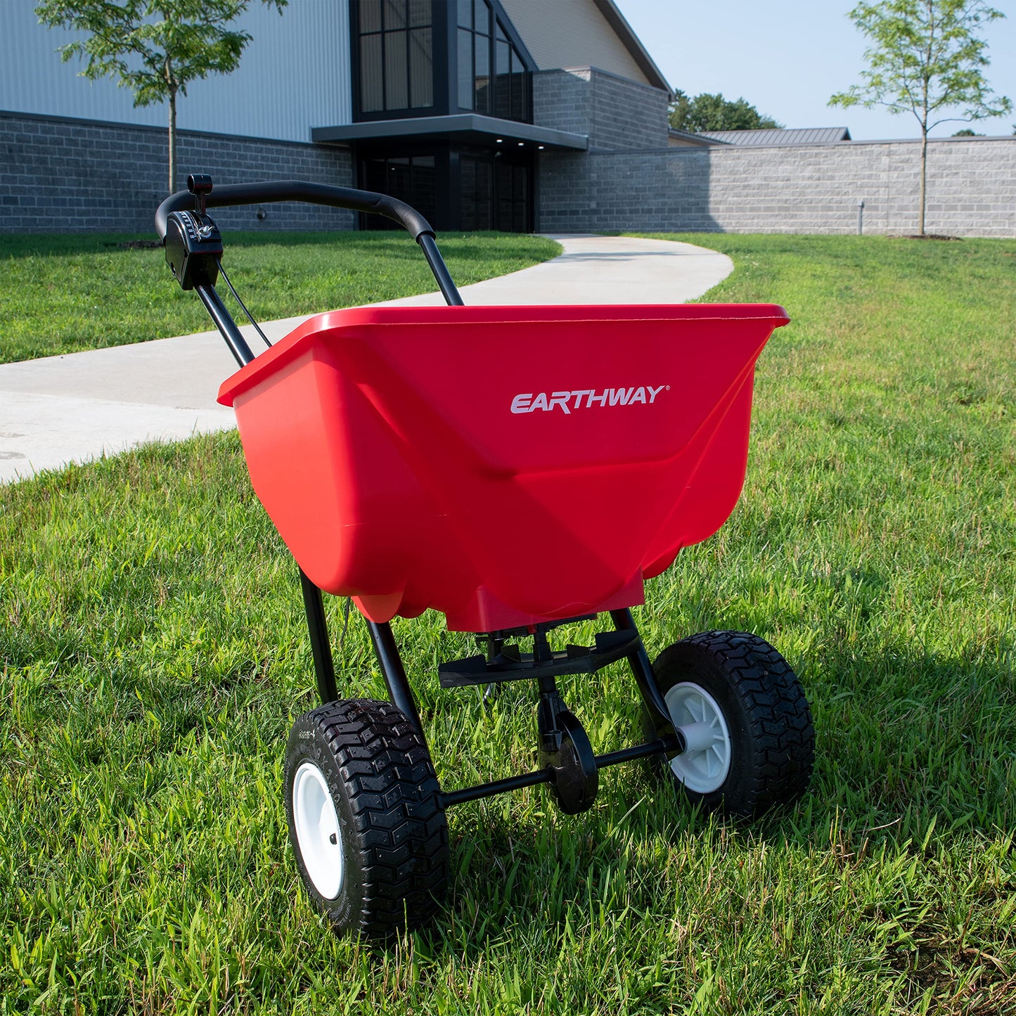 EarthWay 2030P-Plus 65 LB (29 KG) Capacity Commercial Walk-Behind Broadcast Spreader for Grass, Fertilizer, Seeds — Includes Side Spread Control, Even Spread, Pneumatic Tires
