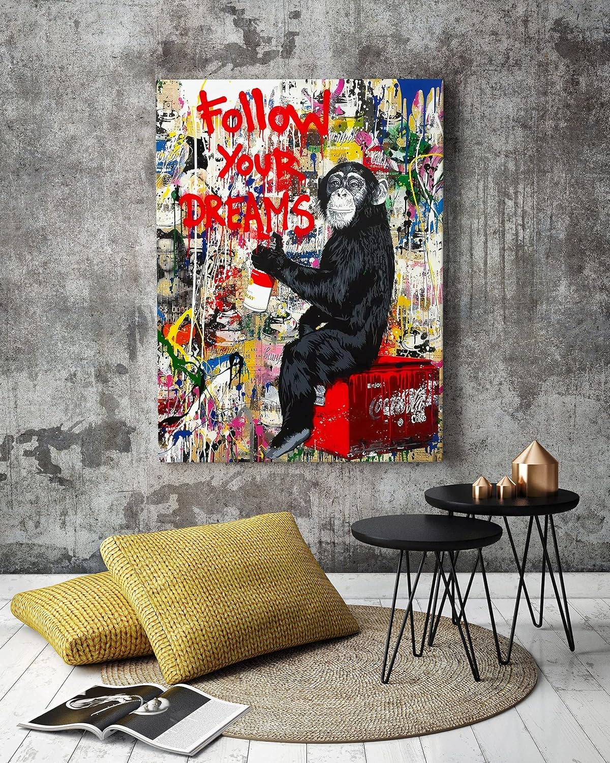 AKOTAC Monkey Street Graffiti Canvas Print - Follow Your Dreams Animal Wall Art | Framed Home Decor for Living Room & Office