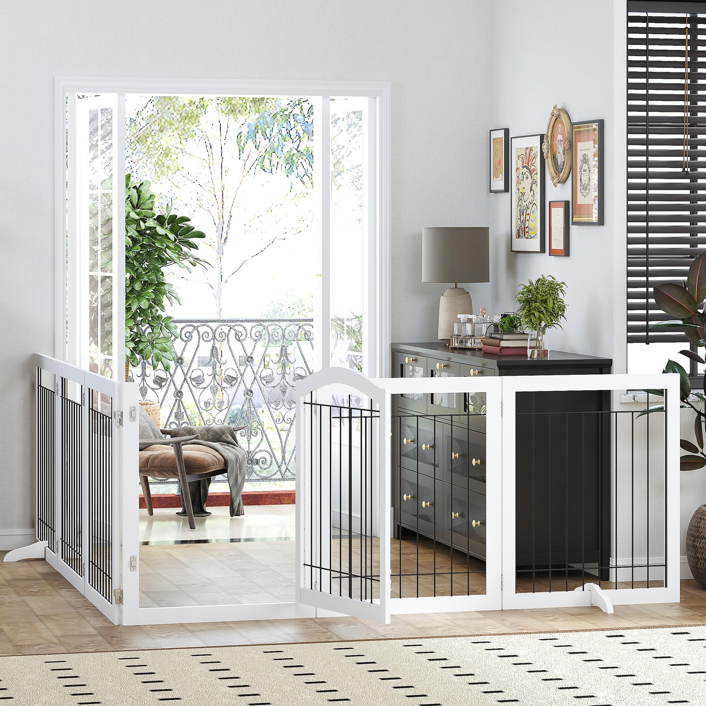 PAWLAND 144-inch Extra Wide 30-inches Tall Dog gate with Door Walk Through, Freestanding Wire Pet Gate for The House, Doorway, Stairs, Pet Puppy Safety Fence, Support Feet Included, White,6 Panels
