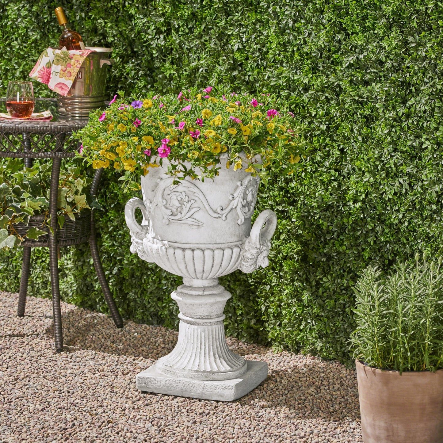 Christopher Knight Home Adonis Traditional Roman Chalice Garden Urn Planter with Lion and Floral Accents, Antique White
