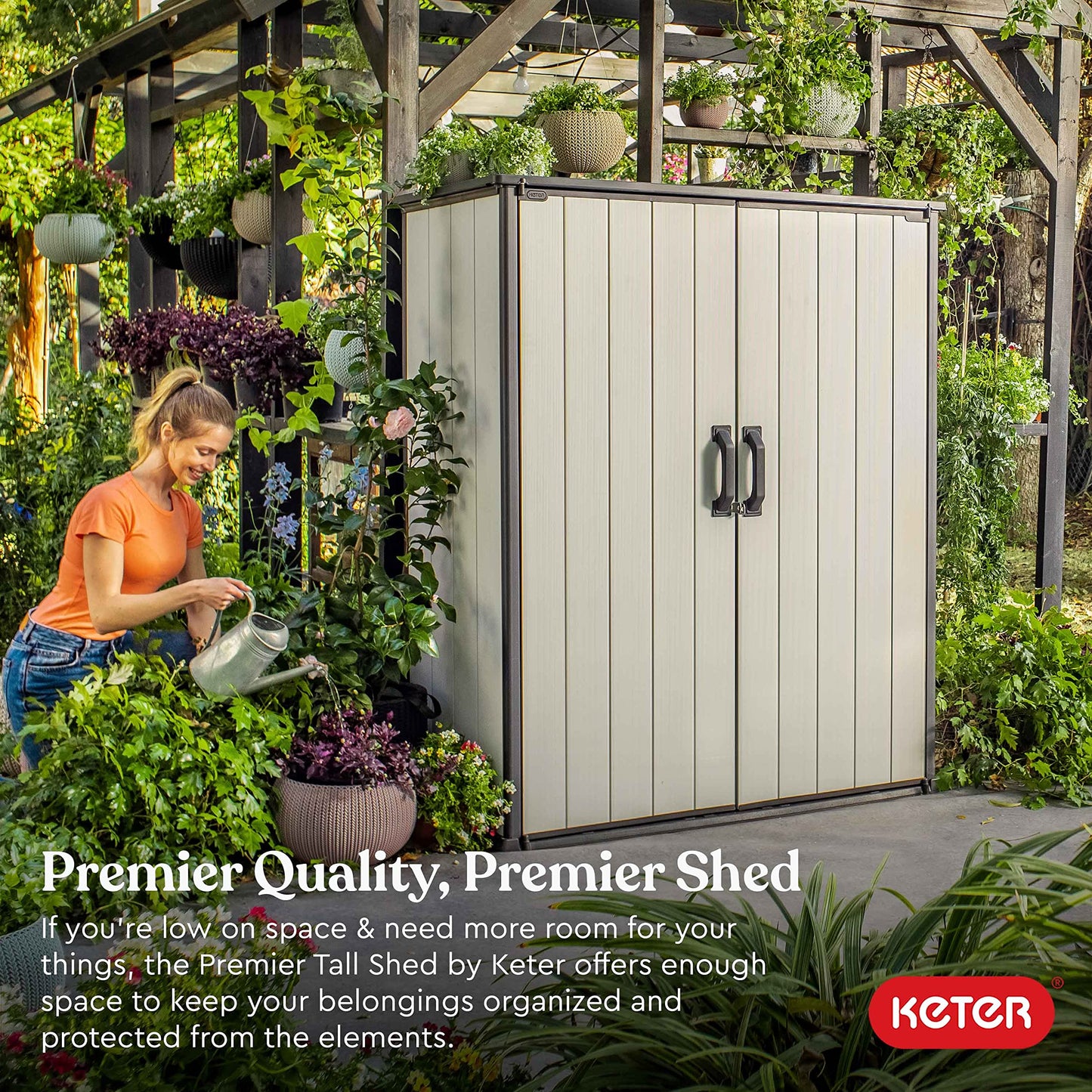 Keter Premier Tall 4.6x5.6 ft Resin Outdoor Storage Shed, Backyard Garden Shed with Shelving Brackets for Tools, Patio Furniture, Pool & Bike Storage, Grey & Black, 62 cu. ft Capacity