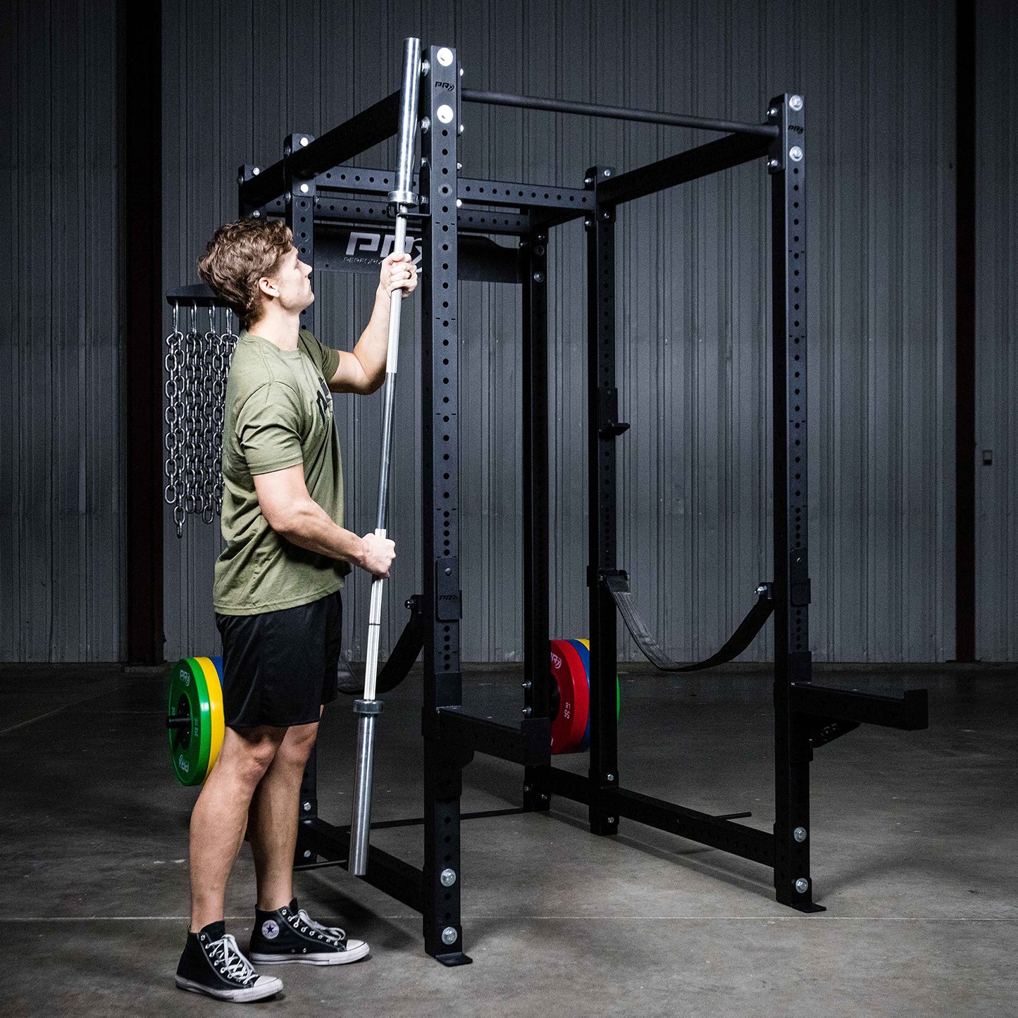 PRx Performance Squat Rack Mounted Olympic Barbell Storage Hanging USA Made Steel Single Bar Holder for 3x3 Uprights with 5/8" Holes, Vertical Squat Rack Attachment