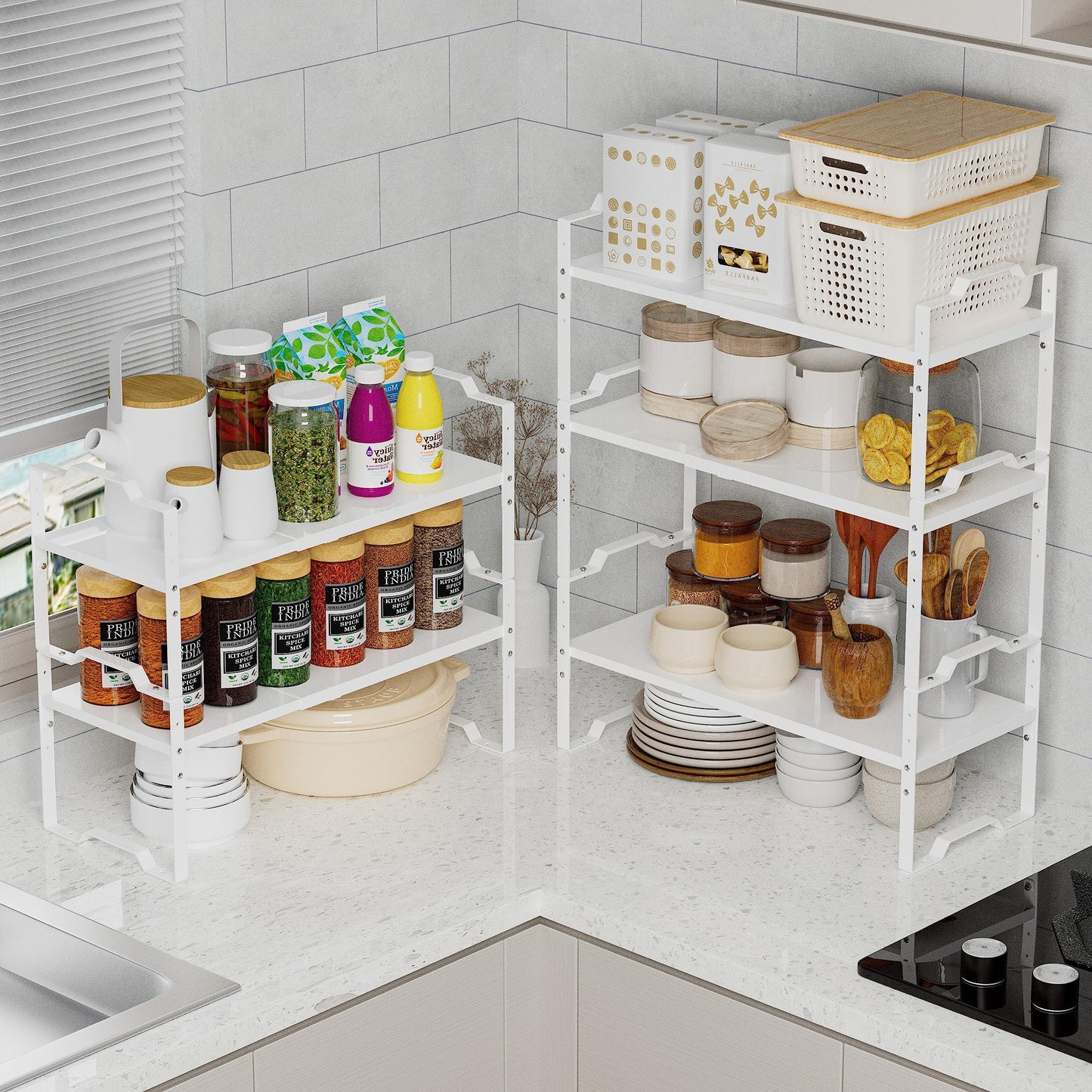 Jojocross Expandable Shelf for Cabinet Organizer Adjustable Stackable Spice Rack at Kitchen and Bathroom More, Counter Countertop Cupboard Organization Pantry Storage(LARGE/1PACK/WHITE)