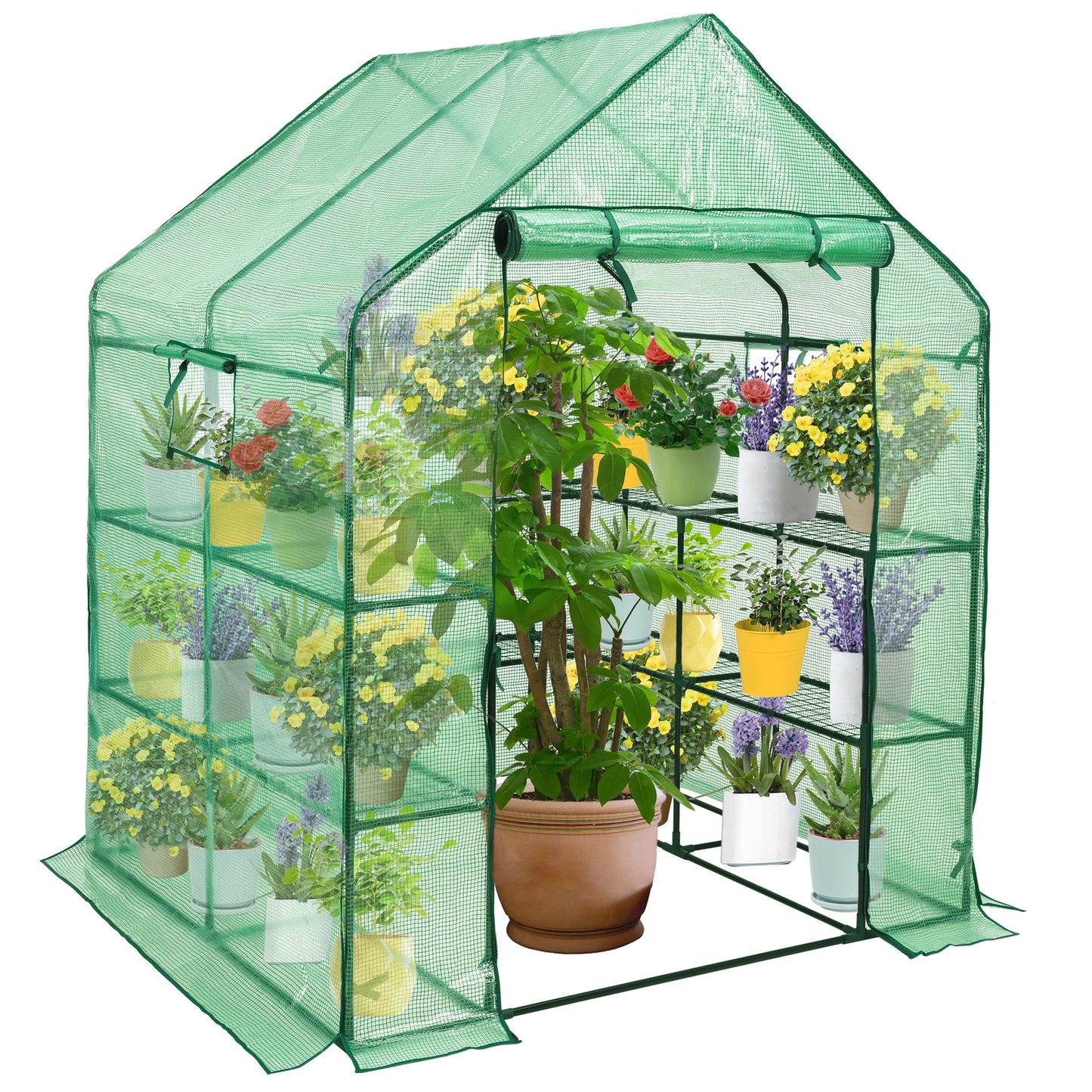 SUNGIFT Walk-in Greenhouse for Outdoors, 57x61x80 Inch Large Greenhouse, 3 Tiers 10 Shelves Mini Green House Kit with Observation Windows Roll-up Door Zipper, Plant Garden Hot House for Herbs, Flowers