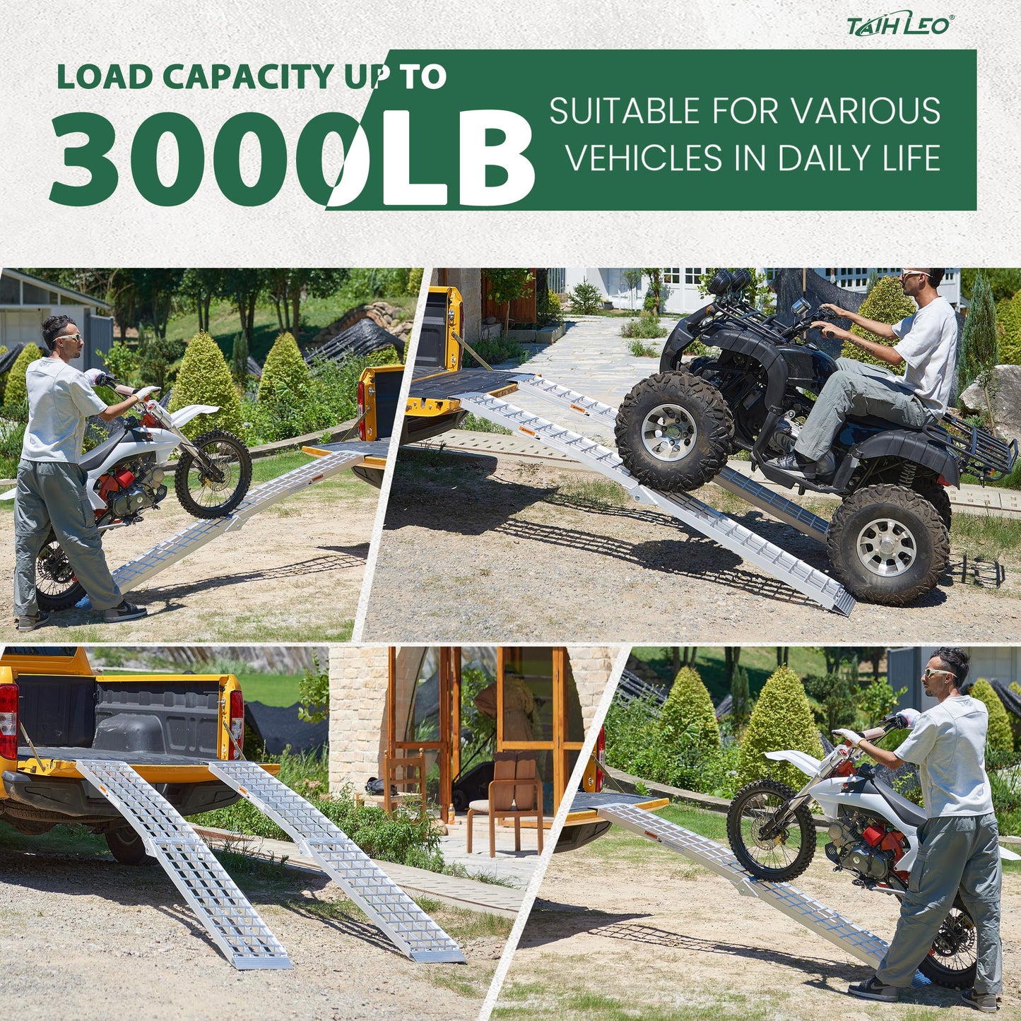 TaiH Leo Truck Ramps 3000LBS Capacity - 2 Pcs 7.5ft Heavy Duty Loading Ramp, Folded Loading Ramps for Motorcycles, Dirt Bikes, UTVs, ATVs, Golf Cart, Garden Tractors, Aluminum Ramps with Handle