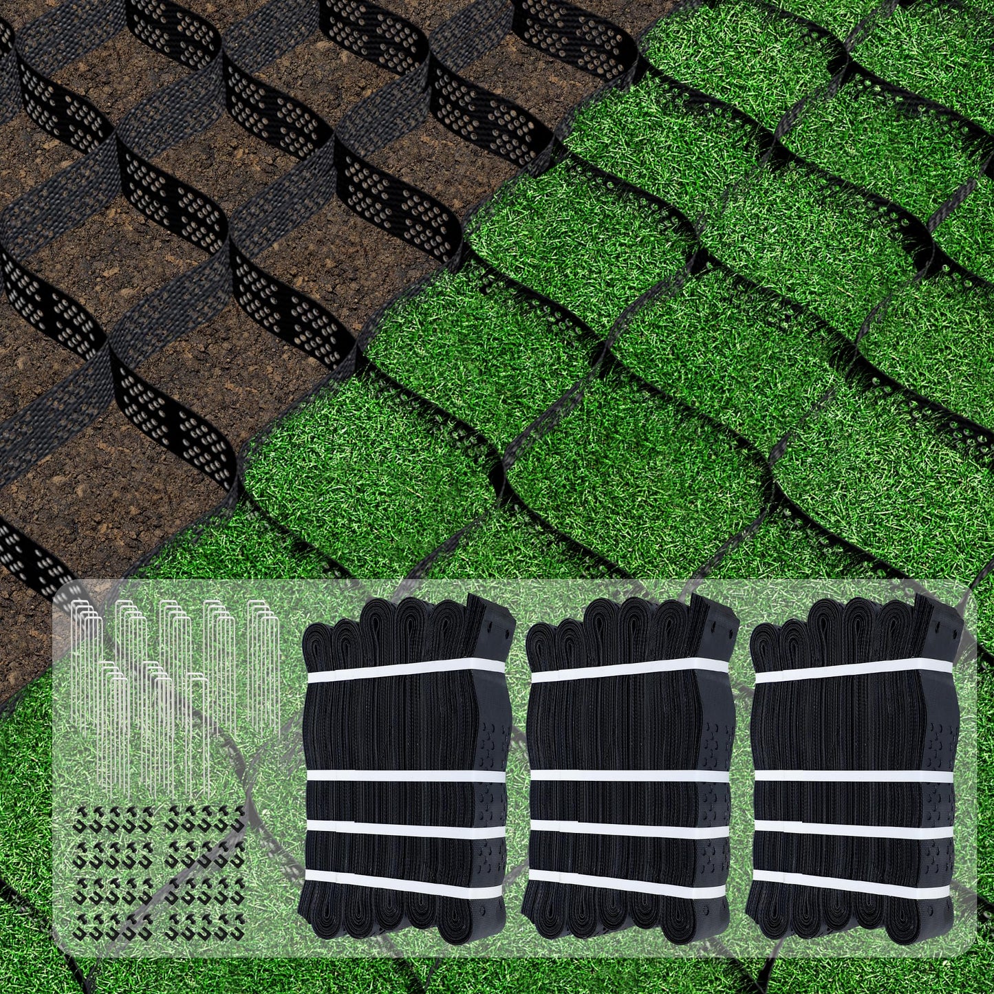 Geo Ground Grid 49.5x6.5 FT, 4" Depth Gravel Driveway Grid 1885 lbs per Sq Ft Load, Geogrid Gravel Retainer with Connectors and Stakes for DIY Patio Walkway Slope Grass Pathway Shed Base & Parking Lot