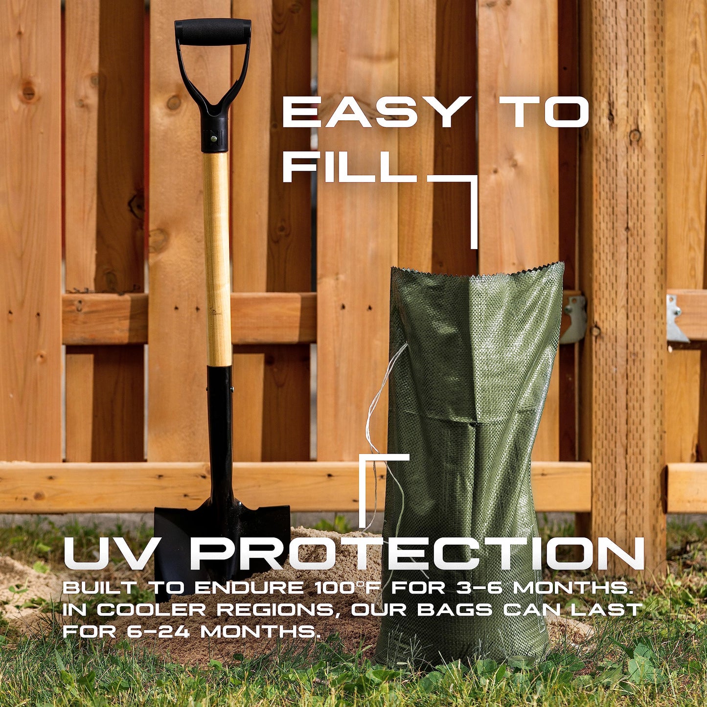 (Not Made in China) 100 Pack, Heavy Duty Sand Bags for Flooding, Empty W/Tie Strings, UV Protection for 1600 Hours, Flood Water Barrier Sandbags,14in x 26in, Sandbag for Weight, 50lb Capacity