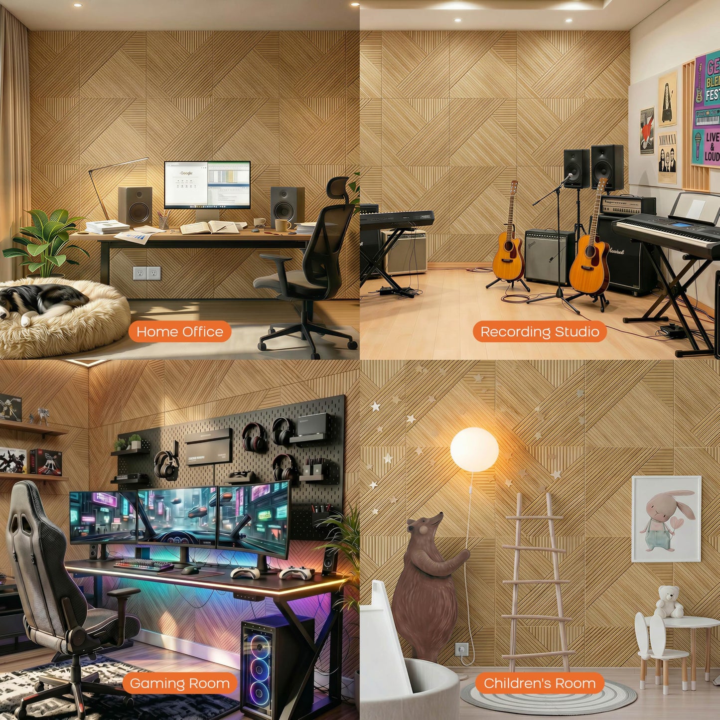 BUBOS 6 Pack Acoustic Wall Panels - High-Density Polyester Sound Absorbing Panels, Decorative Wood Print Treatment for Recording Studio & Home Office, Peel and Stick, 23.6" x 23.6"