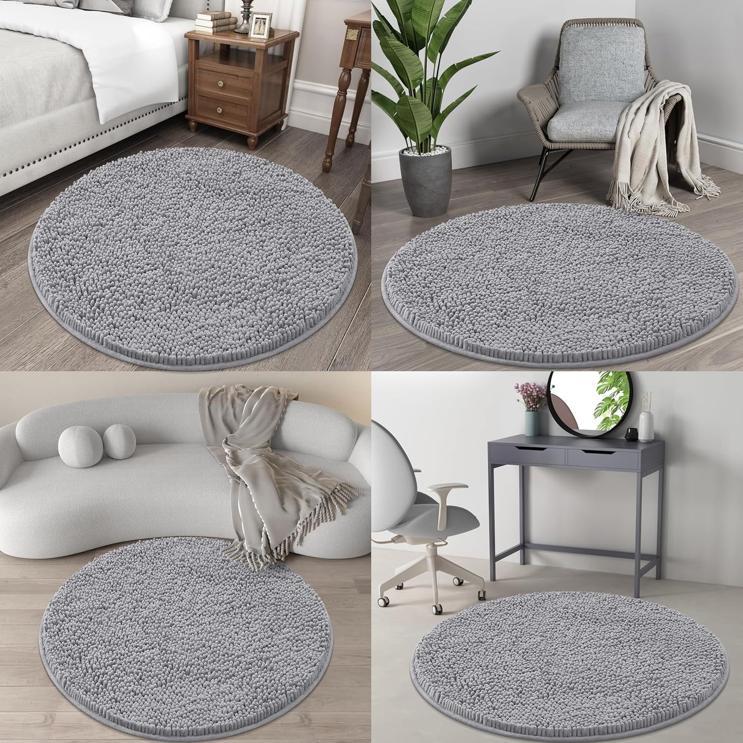 OLANLY 30-Inch Round Bathroom Rug - Extra Soft Chenille Bath Mat, Quick Dry & Machine Washable, Grey