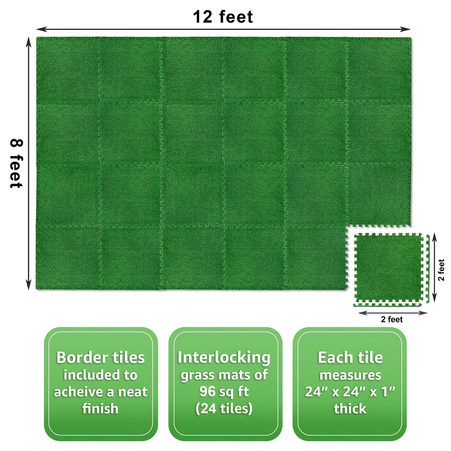 Sorbus Grass Foam Floor Tiles - 24 Interlocking Mats of 24"X24” Total of 96 Sq Ft for Kids Outdoor Toys, Playroom, Deck, Patio, Basement Home Gym - Artificial Carpet Grass Turf Indoor Outdoor Flooring