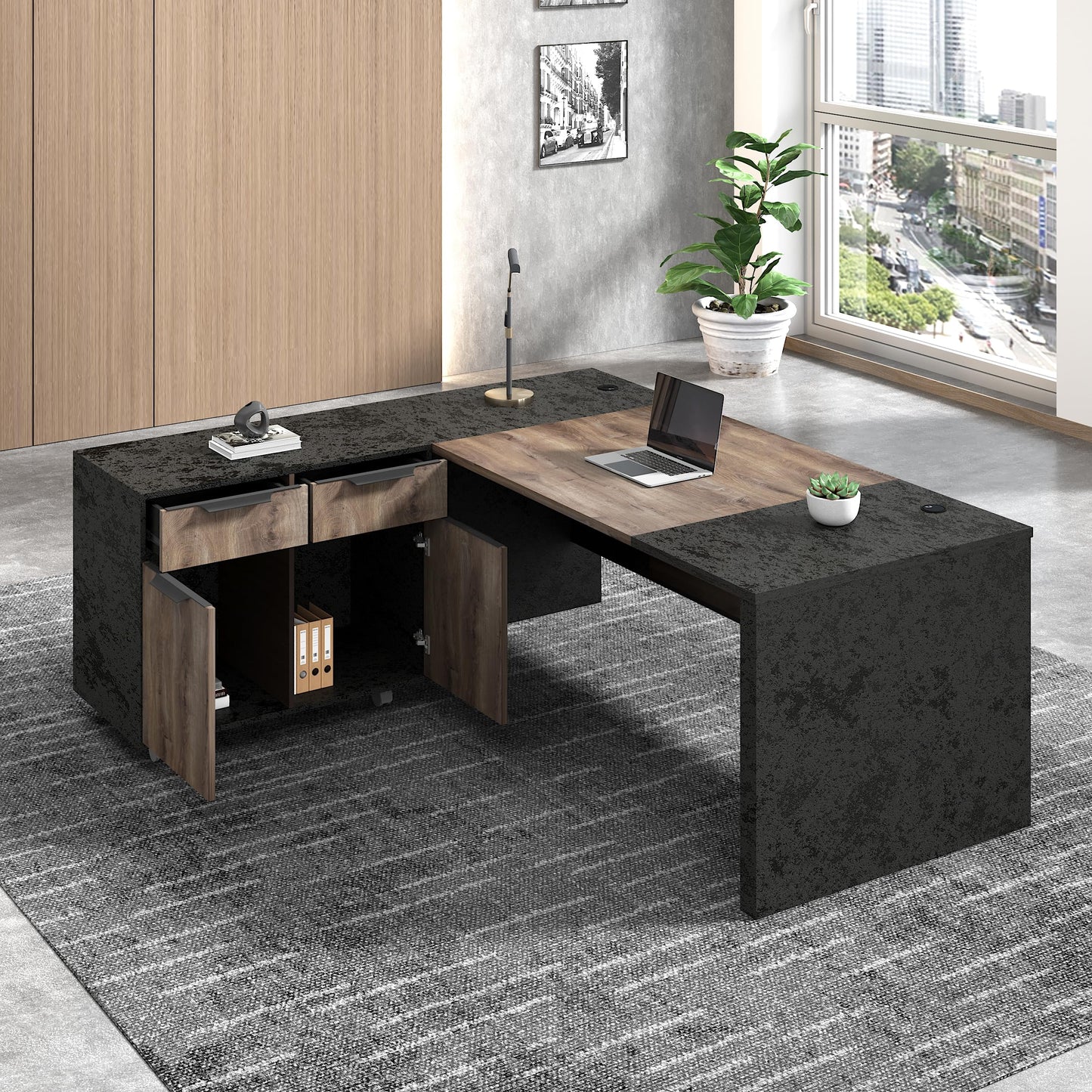 GT BLACK TURNSTONE 70.8” L Shaped Executive Desk with Reversible Mobile Storage Cabinet, Office Desk with Drawers & File Storage, Modern Home Office Desk for Professionals & Business Owners