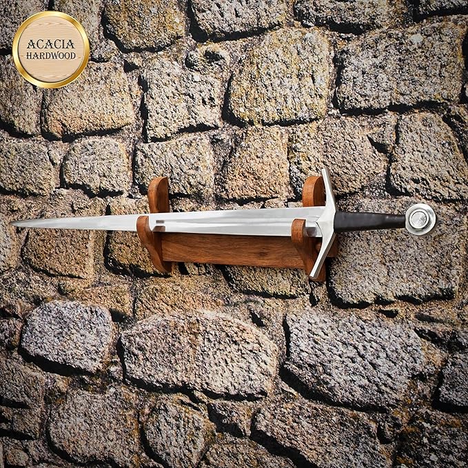 Mythrojan Solid Wood Sword Stand Medieval Sword Wall Mount Samurai Sword Display Stand Katana Sword Holder Gladiator Sword Wall Display Crusader Sword Stand Knife Stand for Display - One Tier Stand