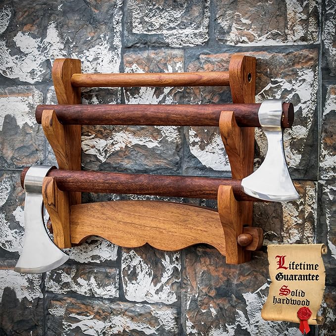 Mythrojan Solid Wood Sword Stand Medieval Sword Wall Mount Samurai Sword Display Stand Katana Sword Holder Gladiator Sword Wall Display Crusader Sword Stand Knife Stand for Display- Two Tier