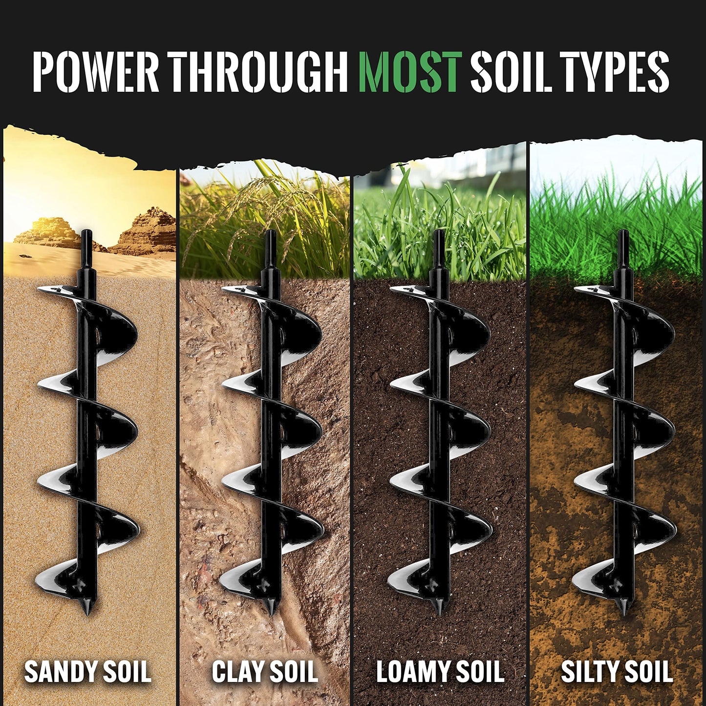 Power Planter DIY Guru Garden Auger- 3"x12" - 3/8" Non-Slip Hex Drive, and Large Bulb Auger- 4"x28" Drill Bit Hole Digger for Post Hole Diggers, Digging Holes- Bulb Planter - 1"/2" Non-Slip Hex Drive