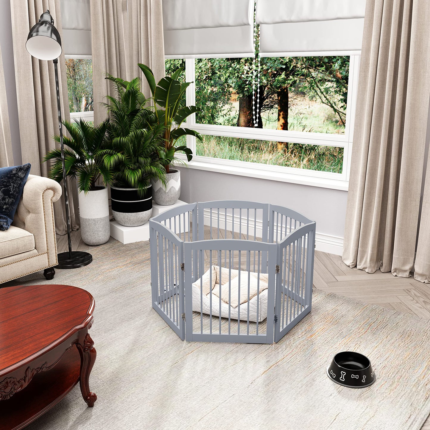 PUPETPO Freestanding Pet Gate for Dogs, Foldable Wooden Dog Gate for House, Extra Wide Indoor Pet Barrier for Stair, Doorway, Hall, Support Feet Included, 120 Inch Wide, 6 Panels 24", Grey