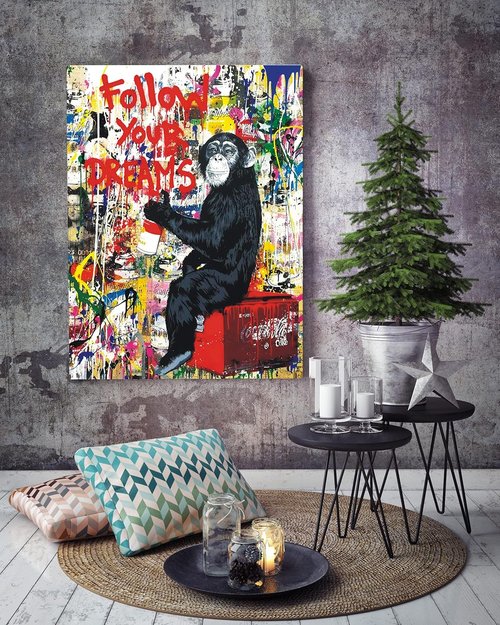 Banksy Canvas Art - Inspirational Graffiti Monkey Wall Decor | Framed 24"x16" for Living Room & Office