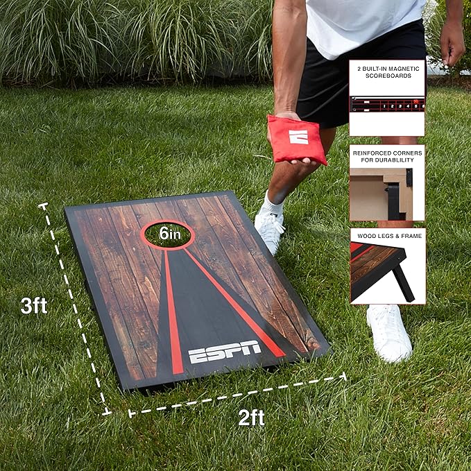 ESPN Cornhole Board Set Includes Bean Bags and Travel Case, Ideal for Kids Games, Family Games, and Outdoor Games