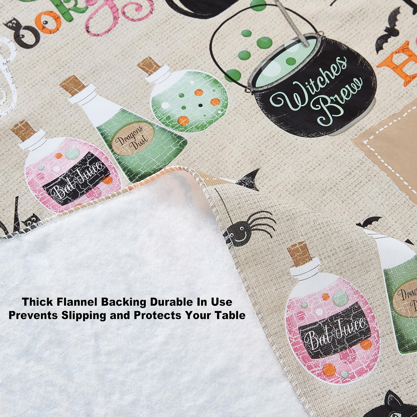 Newbridge Happy Halloween Witches Brew 60 x 84 Inch Oval Vinyl Tablecloth with Flannel Backing, Cute Ghost, Cat and Pumpkin Design, Easy Care Wipe Clean Halloween Table Cover