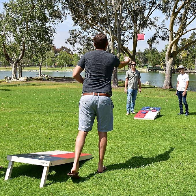GoSports 4 x 2 ft Flag Series Wood Cornhole Sets – American Flag or State Flags – Includes 2 Regulation Size Boards, 8 Bean Bags, Carrying Case and Rules